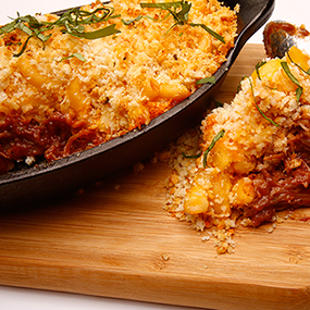 Pulled Pork Mac-n-Cheese with Garlic Crumbs 